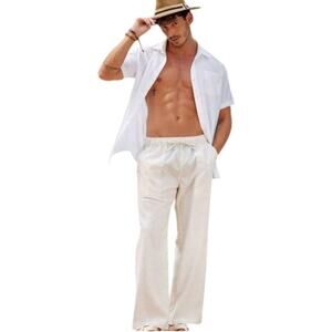COOFANDY Men L Linen Pant Lightweight Elastic Waist with Pockets Light Khaki NWT